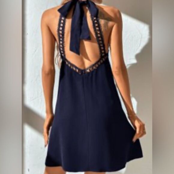 SHEIN NEW LACE PANEL TIE BACKLESS HALTER DRESS NAVY BLUE SIZE 6 - Picture 1 of 5